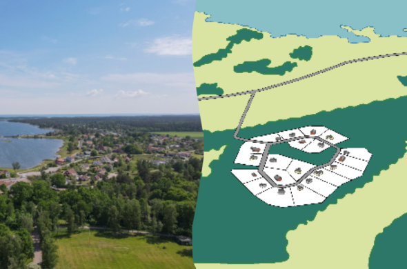 Fotokollage: Första bilden visar en flygbild över Timmernabben med skogen och havet runt omkring samhället Timmernabben. Andra bilden visar en illustration av det nya bostadsområdet utanför Timmernabben med 20 tomter.